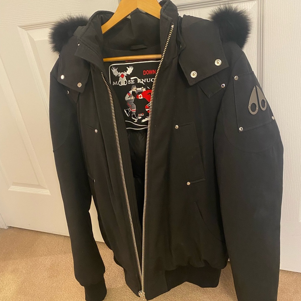 Moose Knuckles Black Puffer Jacket with Fur-Trimmed Hood- used like New